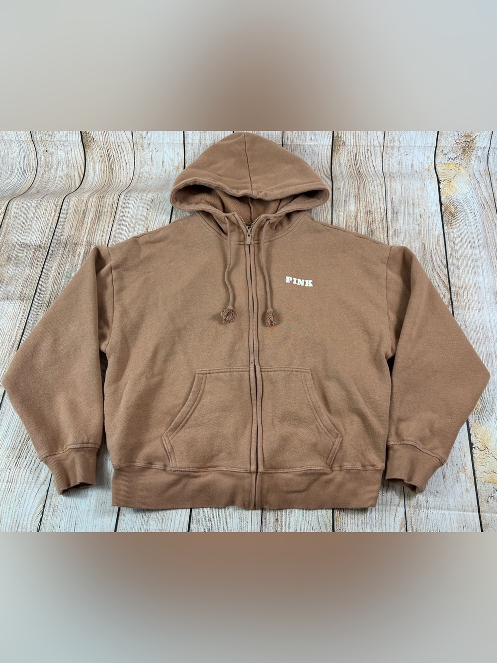Victoria’s Secret Pink Full Zip Hoodie Jacket Varsity Logo Toffee Brown Small - Picture 2 of 9